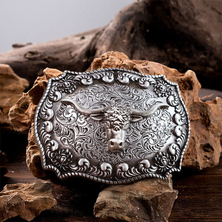 Men's DIY Longhorn Bull Antiqued Silver Buckle Leather Belt - Silver - Without Belt - image 2