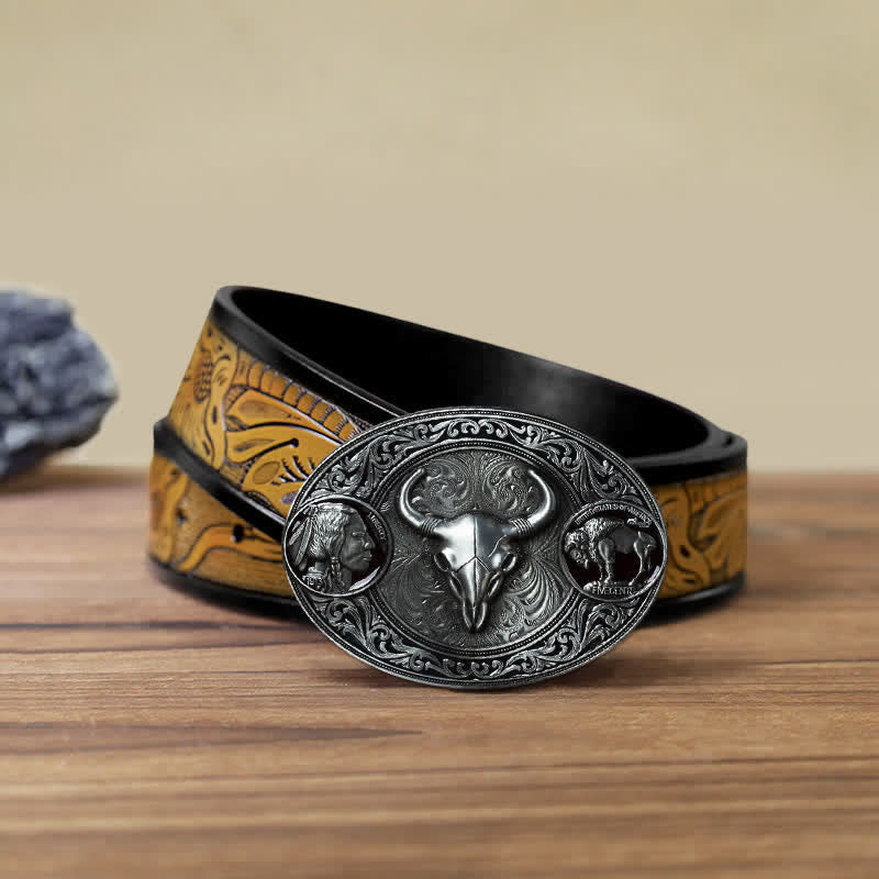 Men's DIY Typical Western Skull Buckle Leather Belt - Bull - SandyBrown Belt (40) - image 15