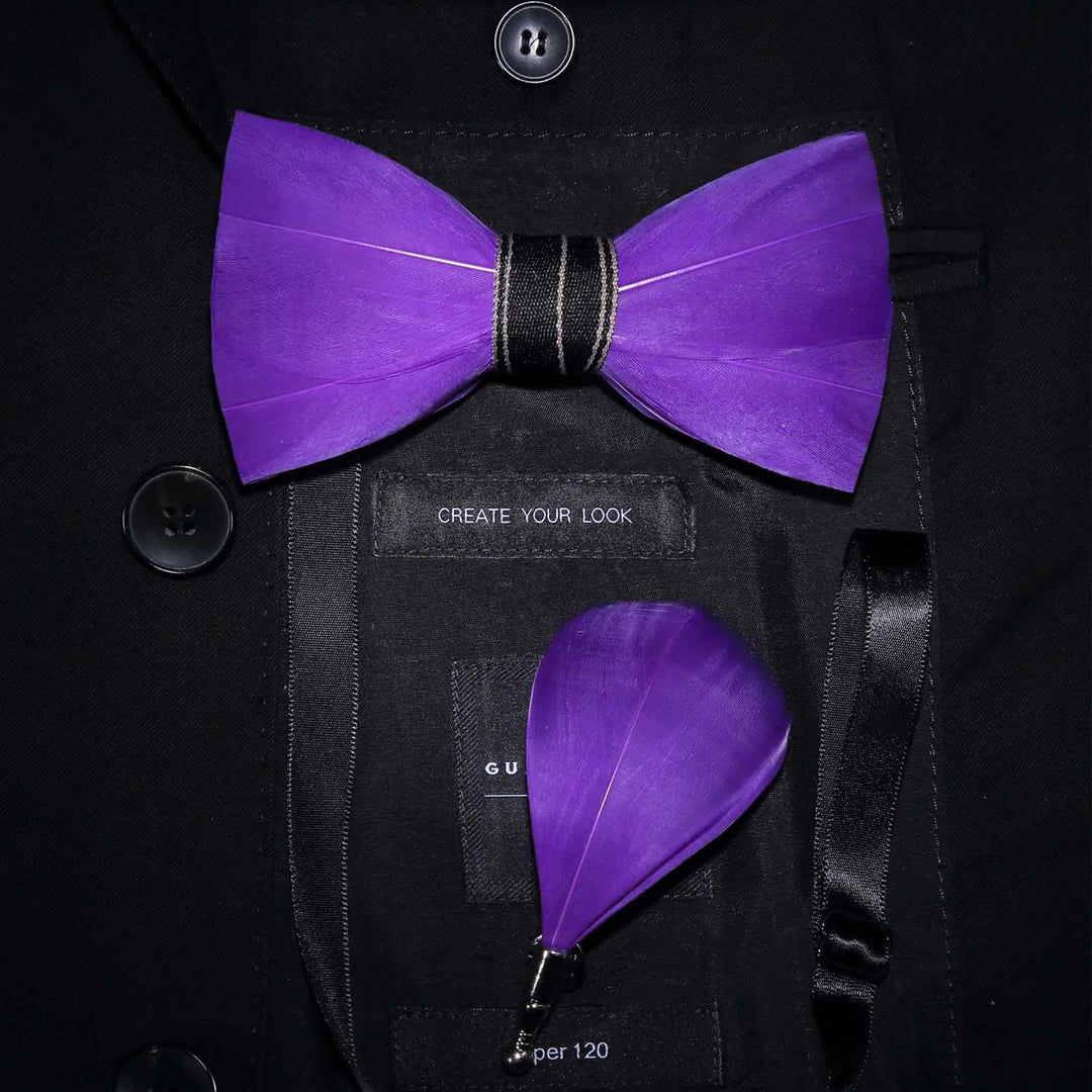 Solid Purple Noble Feather Bow Tie with Lapel Pin - Purple - image 0