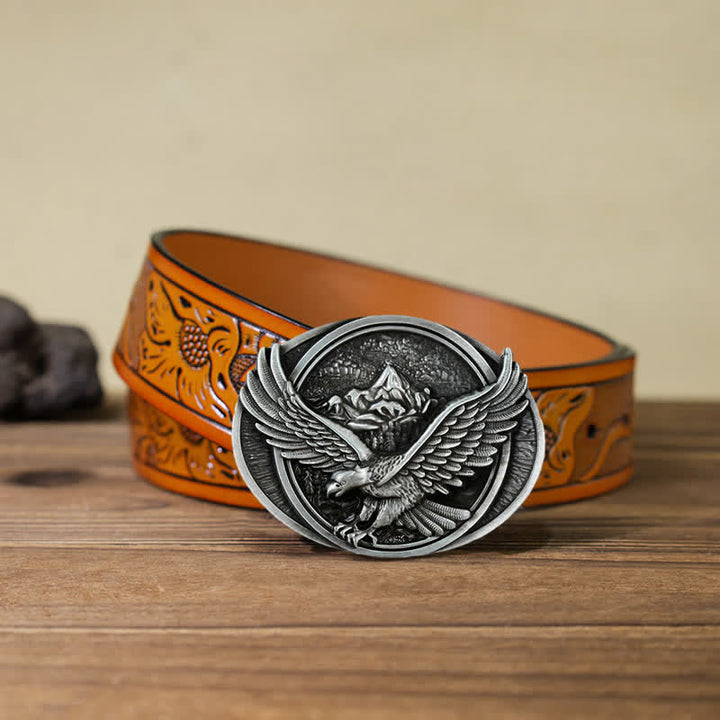 Men's DIY Domineering Flying Eagle Buckle Leather Belt - Antique Silver - Orange Carved Belt (40) - image 25