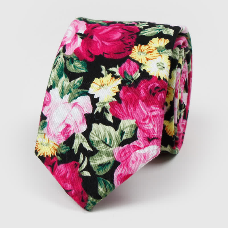 Men's Floral Printed Cotton Necktie - Red & Black - image 2