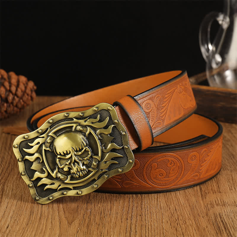 Men's Trendy Skull Head Flame Leather Belt - Brown #2 - 42 - image 2