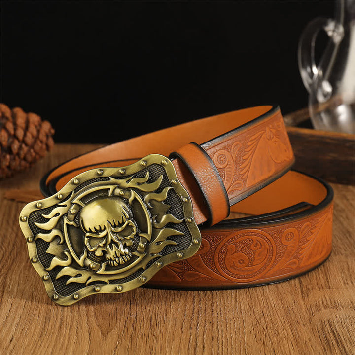 Men's Trendy Skull Head Flame Leather Belt - Brown #2 - 42 - image 2