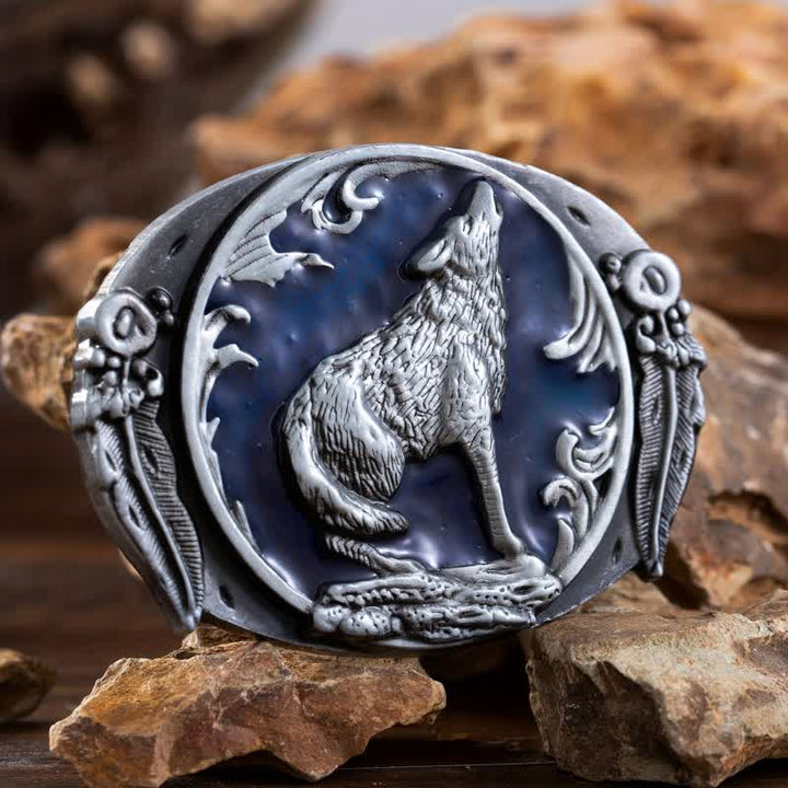 Men's DIY Enamel Domineering Howling Wolf Buckle Leather Belt - Blue - Without Belt - image 3
