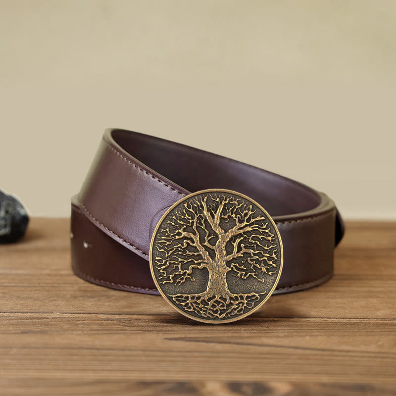 Men's DIY Tree of Life Round Buckle Leather Belt - Bronze - Brown PU Belt (40) - image 12