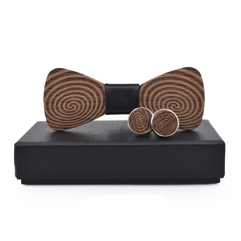 2Pcs Men's Hypnosis Swirl Printing Wooden Bow Tie Set - Black - image 0