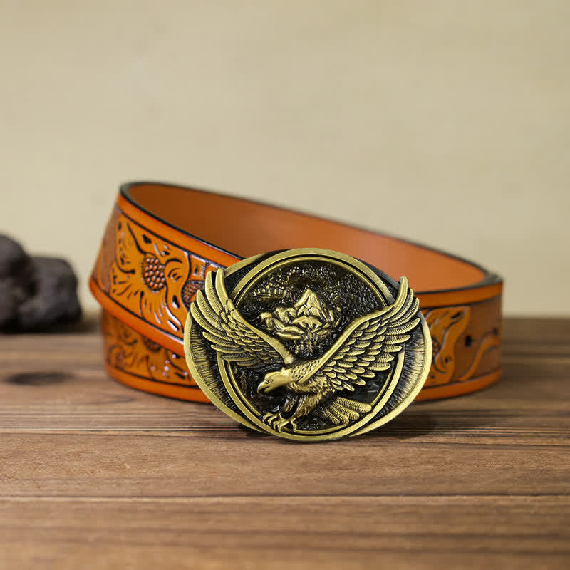 Men's DIY Domineering Flying Eagle Buckle Leather Belt - Antique Bronze - Orange Carved Belt (40) - image 26