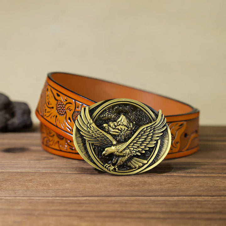 Men's DIY Domineering Flying Eagle Buckle Leather Belt - Antique Bronze - Orange Carved Belt (40) - image 26