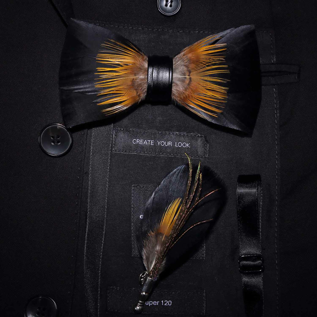 Kid's Orange & Black Sunflower Feather Bow Tie with Lapel Pin - Adult - image 2