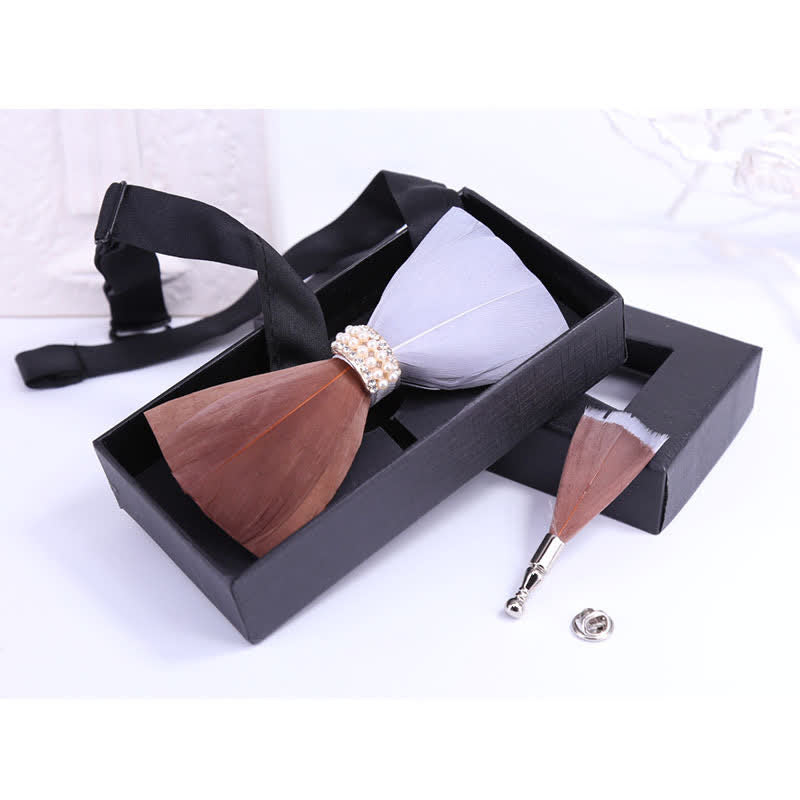 Brown & White Shiny Pearl Feather Bow Tie with Lapel Pin - image 1