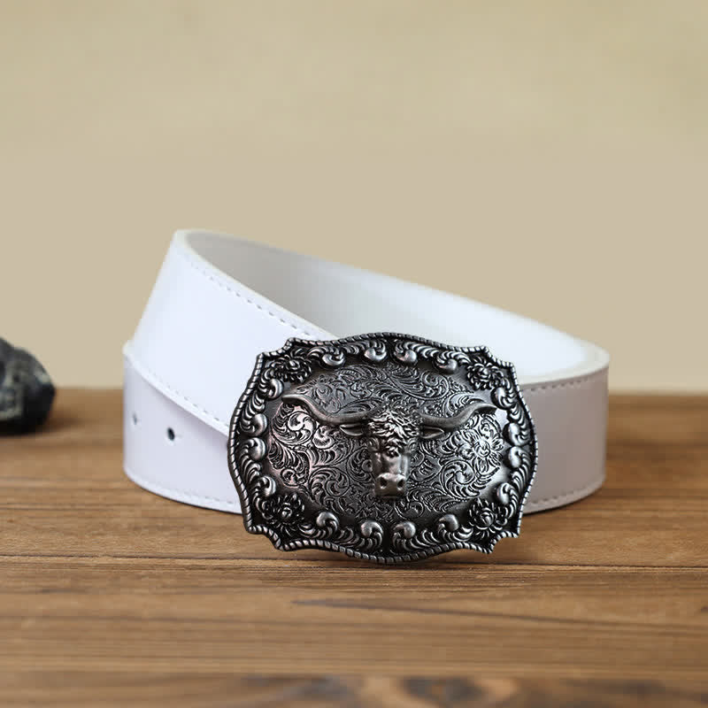 Men's DIY Longhorn Bull Antiqued Silver Buckle Leather Belt - Silver - White PU Belt (40) - image 7