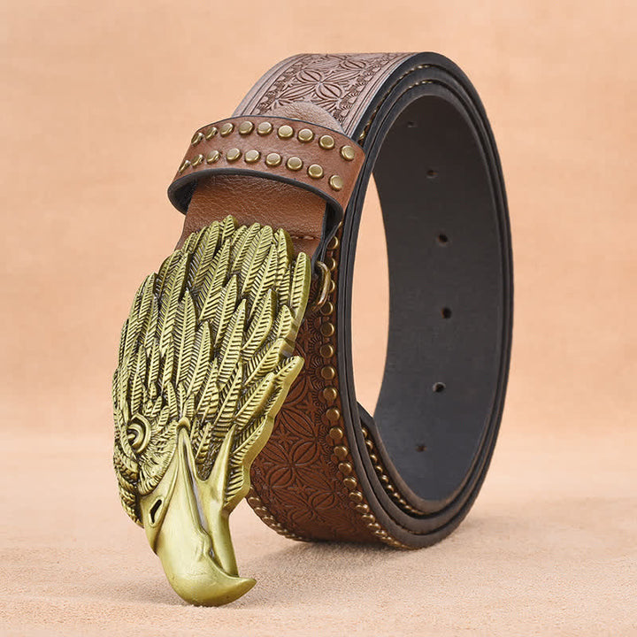 Men's Eagle Vulture Head Steer Rivet Leather Belt - Brown - 44 - image 1