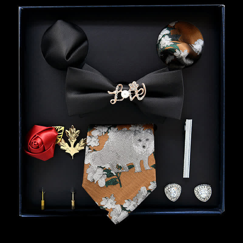 8Pcs Black&Goldenrod Floral Casual Necktie Bow Ties Gift Box - Black&Goldenrod - image 0