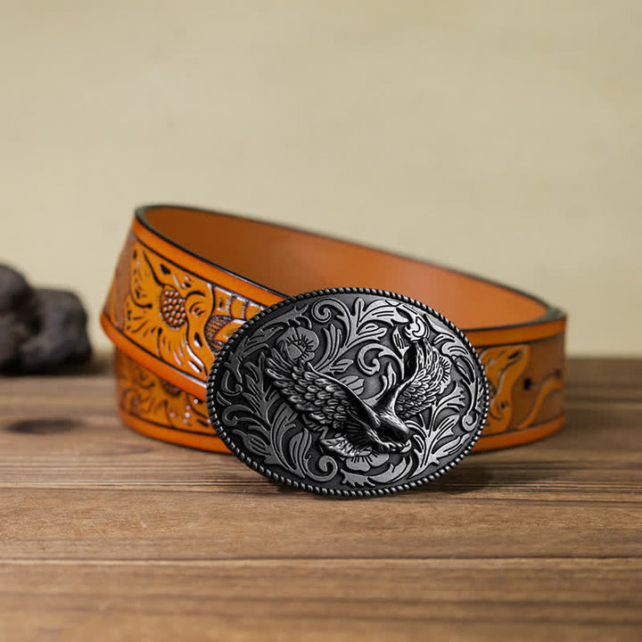 Men's DIY Animal Flying Eagle Buckle Leather Belt - Antique Silver - Orange Carved Belt (40) - image 23