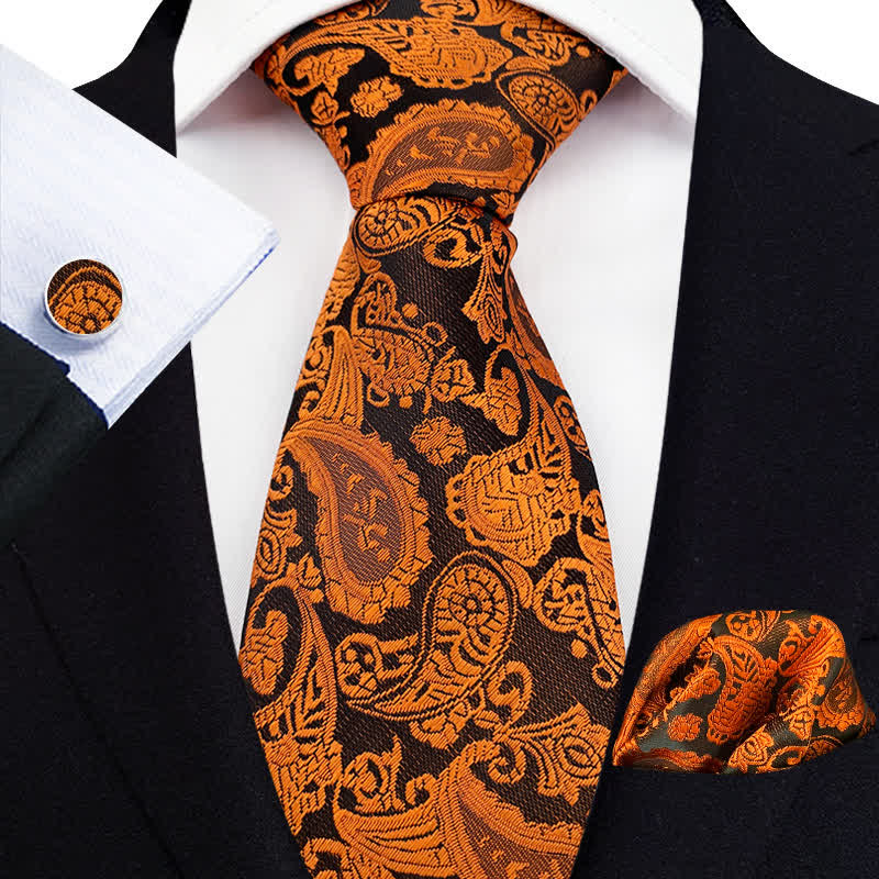 3Pcs Men's Exotic Paisley Necktie Set - DarkOrange - image 2