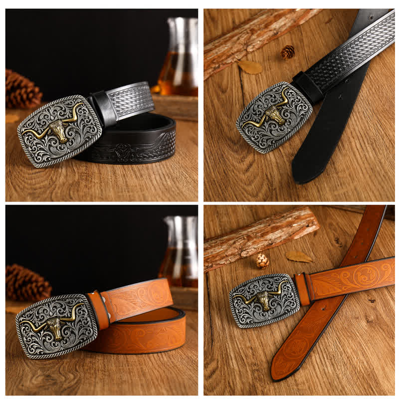 Men's Flower Square Bull Buckle Leather Belt - image 4