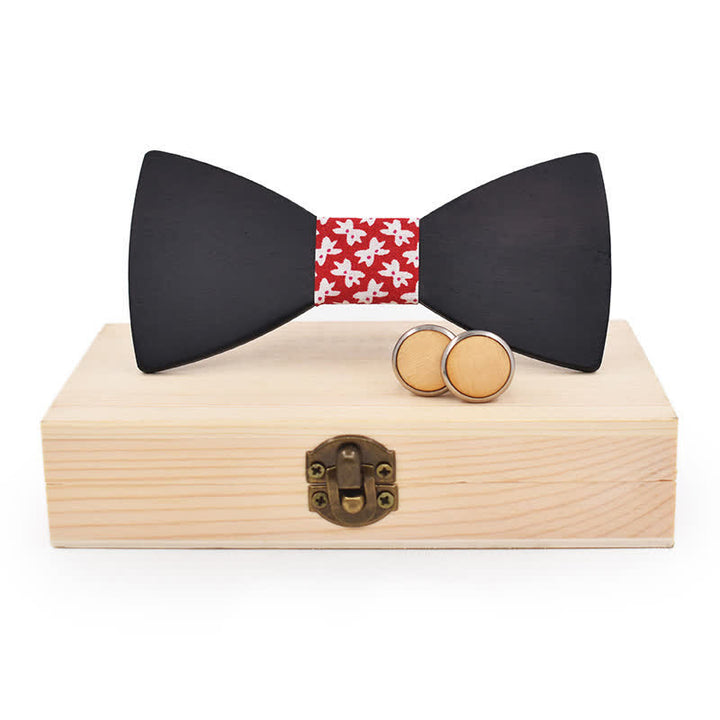 2Pcs Men's Black Wooden Bow Tie Cufflinks Set - Red Floral - image 13