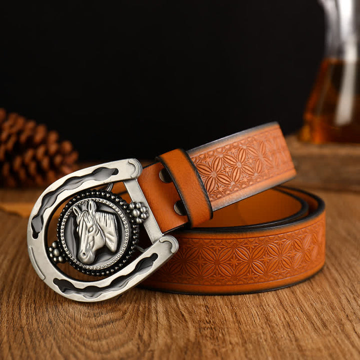 Men's Retro Horseshoe Shape Western Leather Belt - Horseshoe - 42 - image 0