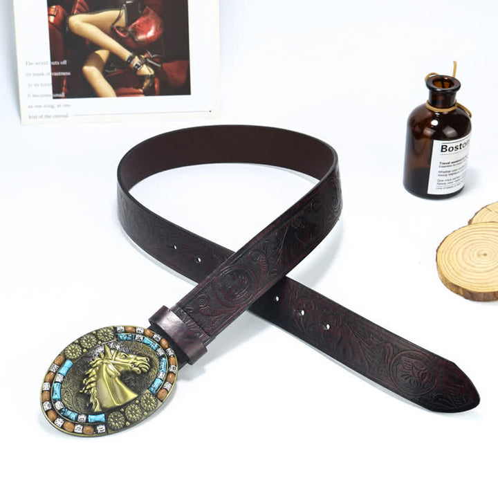 Men's Cowboy Horse Head Turquoise Leather Belt - image 1