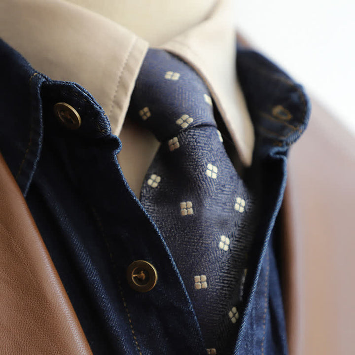 Men's Garden Motif Embroidery Zipper Necktie - SteelBlue Dots - image 11