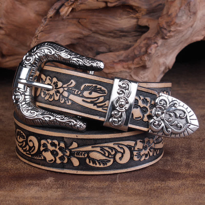 Unisex Vintage Small Rose Embossing Leather Belt - Black - 44 - image 0