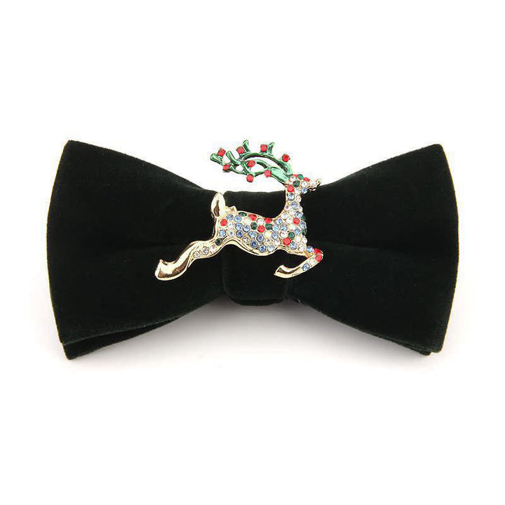 Men's Elk Head Rhinestone Christmas Velvet Bow Tie - Dark Green Fivecolor Deer - image 8