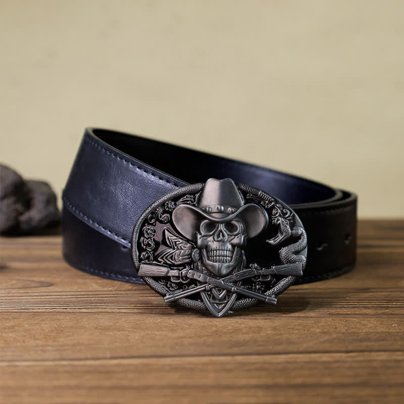 Men's DIY Skull With Cross Guns Buckle Leather Belt - Skull - Black PU Belt (40) - image 2