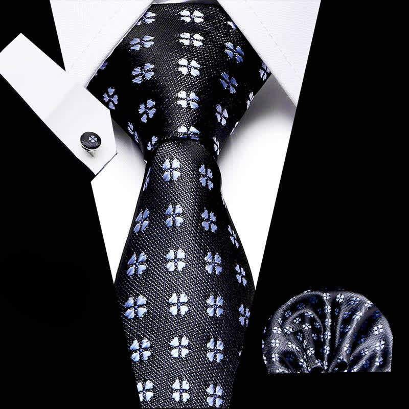 3Pcs Men's Black & Blue Lucky Clover Necktie Set - Black & Blue - image 0