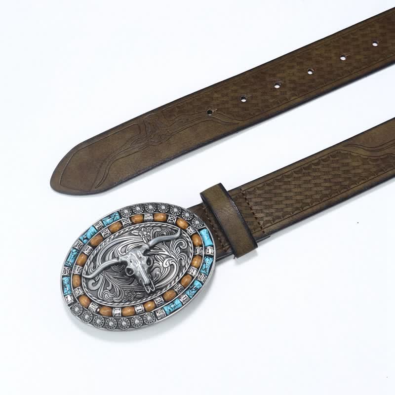 Men's Western Cowboy Turquoise Bull Leather Belt - image 13