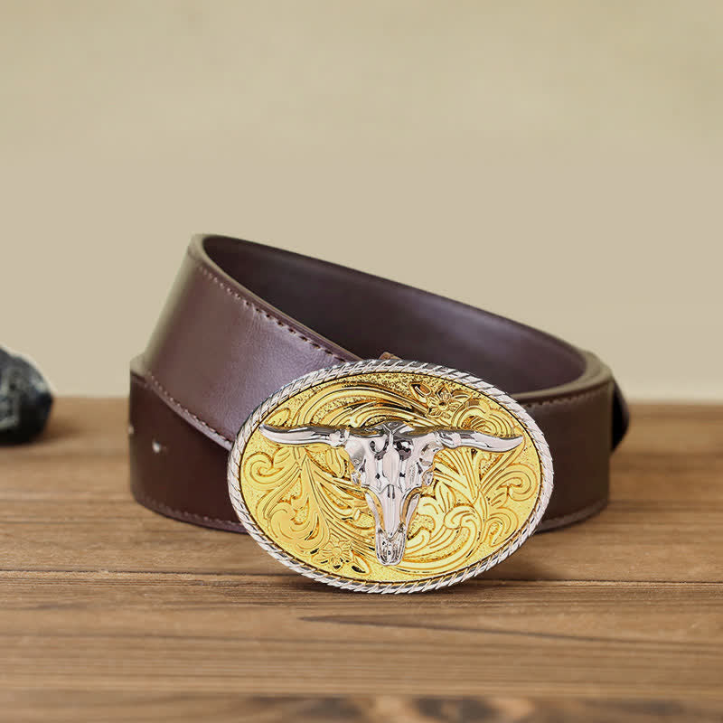 Men's DIY Shining Golden Bull Head Buckle Leather Belt - Bull - Brown PU Belt (40) - image 8