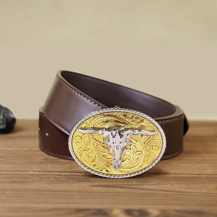 Men's DIY Shining Golden Bull Head Buckle Leather Belt - Bull - Brown PU Belt (40) - image 8