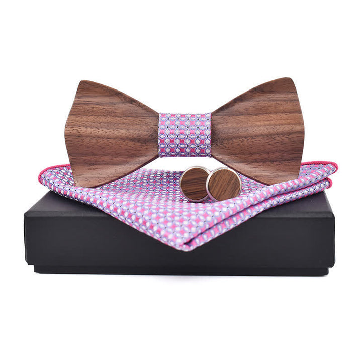 3Pcs Men's Black Walnut Wooden Bow Tie Set - Pink - image 8