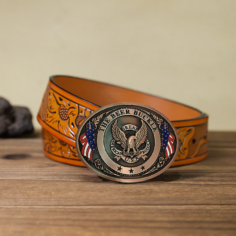 Men's DIY Eagle USA Flag Creative Beer Holder Buckle Leather Belt - Copper - Orange Carved Belt (40) - image 34