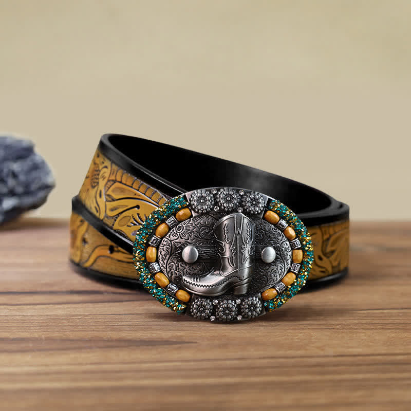 Men's DIY Wood Bead Rhinestone Boot Buckle Leather Belt - Boot - SandyBrown Belt (40) - image 12
