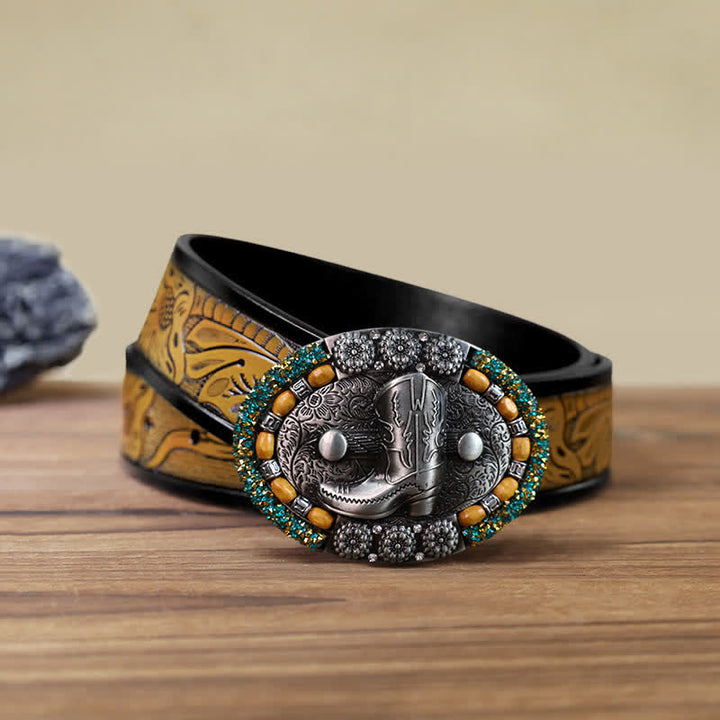 Men's DIY Wood Bead Rhinestone Boot Buckle Leather Belt - Boot - SandyBrown Belt (40) - image 12