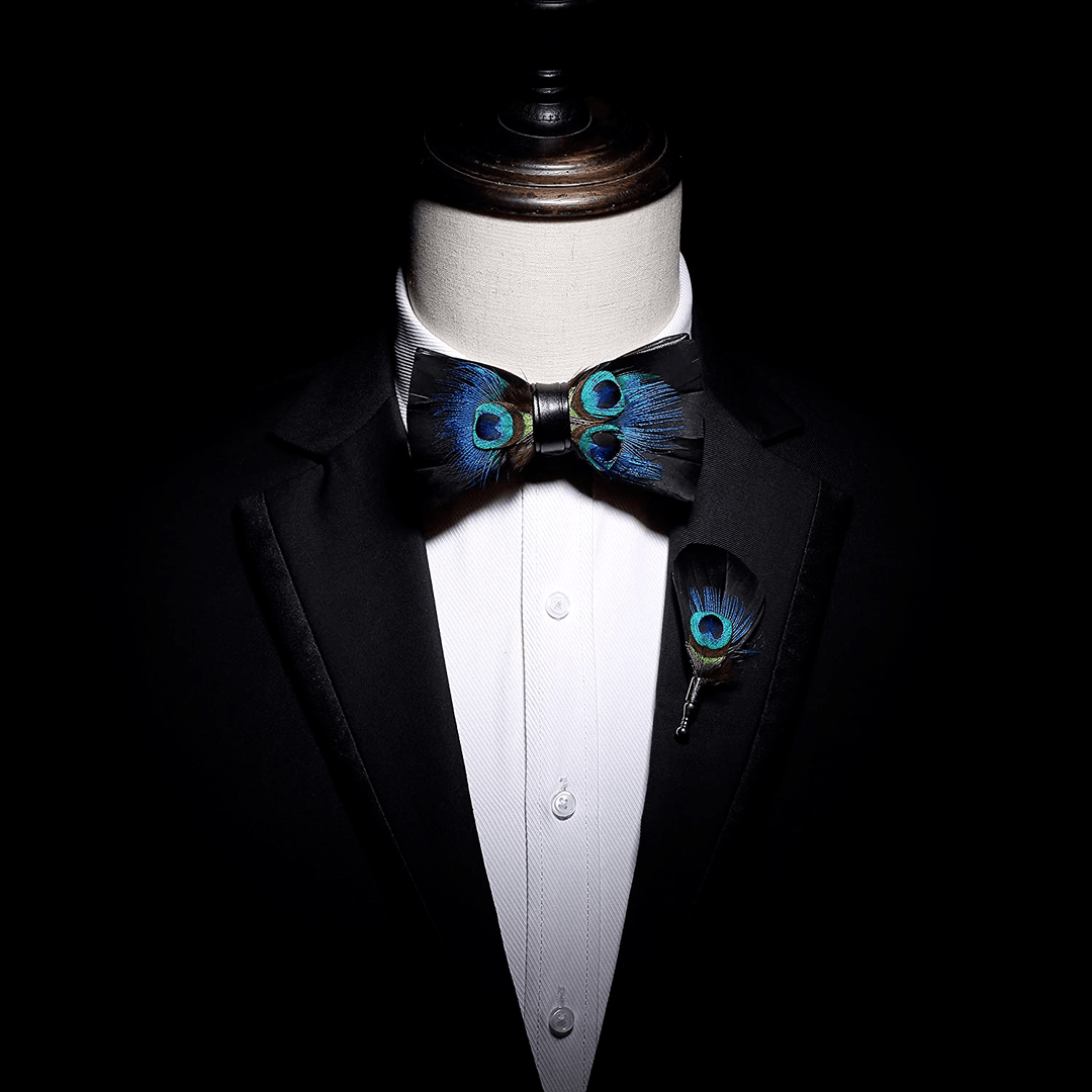 Black & Blue Peacock Eye Feather Bow Tie with Lapel Pin - image 2