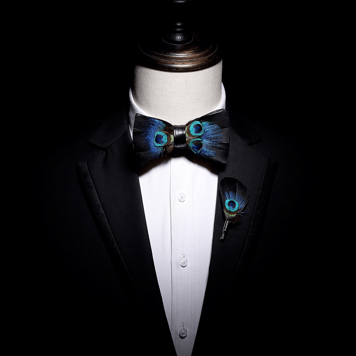 Black & Blue Peacock Eye Feather Bow Tie with Lapel Pin - image 2