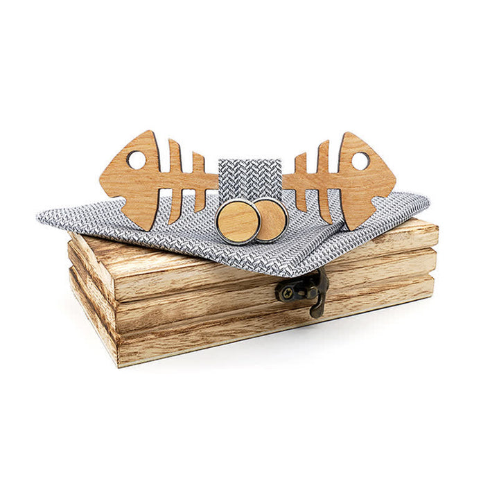3Pcs Men's Fishbone Wooden Bow Tie Set - Gray - image 8