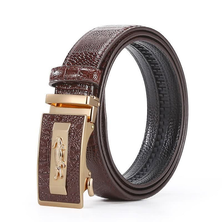 Men's Crocodile Pattern Automatic Buckle Leather Belt - Style #2 - Brown / Gold - 44 - image 10