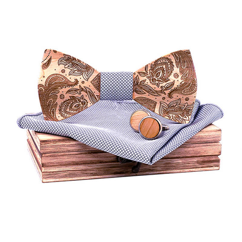 3Pcs Men's Carving Paisley Wooden Bow Tie Set - Gray - image 10