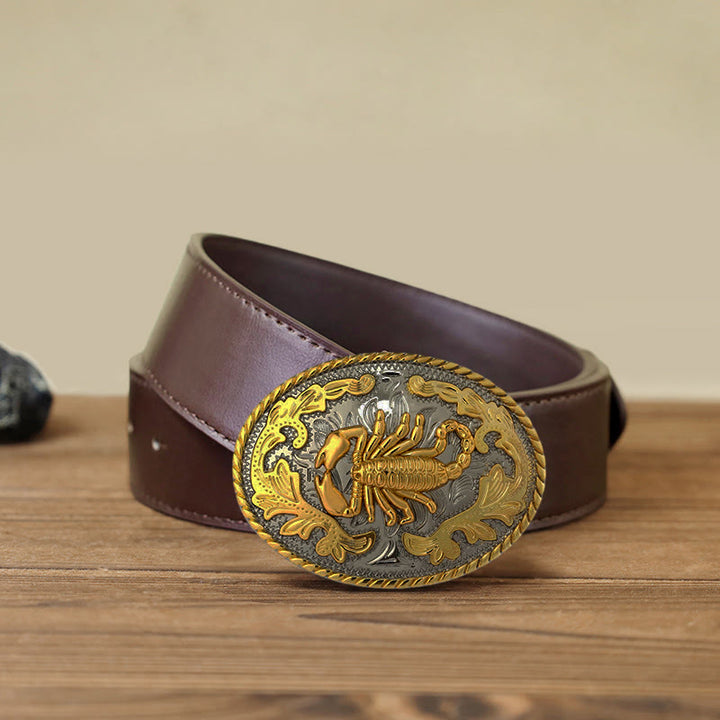 Men's DIY Golden Scorpion Buckle Leather Belt - Oval - Brown PU Belt (40) - image 14
