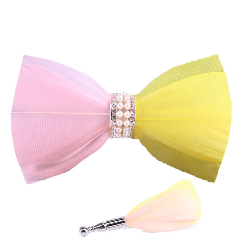 Pink & Yellow Shiny Pearl Feather Bow Tie with Lapel Pin - image 3