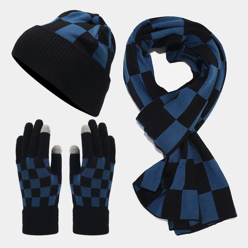 3Pcs Unisex Checkerboard Plaid Hat Scarf Gloves Set - Blue - Adjustable (22"-22 7/8") - image 13