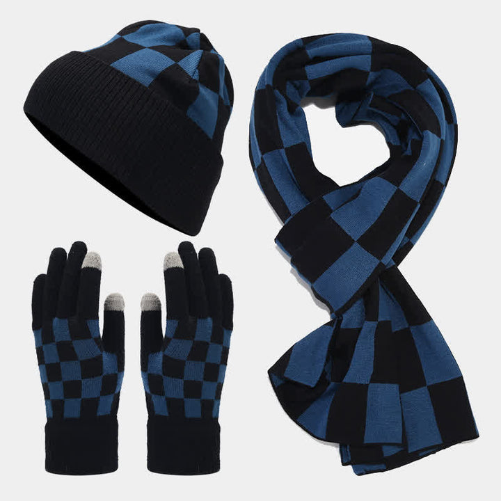 3Pcs Unisex Checkerboard Plaid Hat Scarf Gloves Set - Blue - Adjustable (22"-22 7/8") - image 13