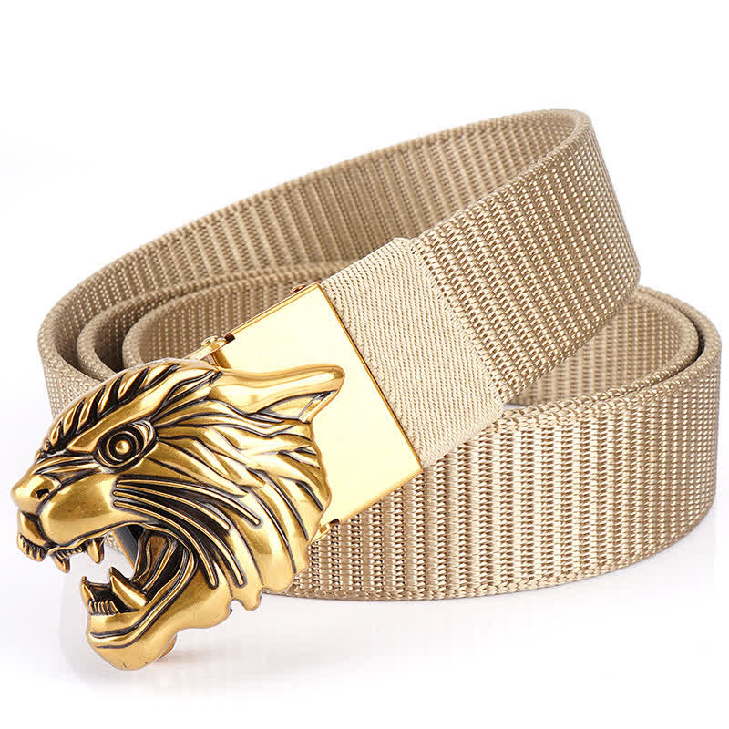 Men's Roaring Tiger Head Nylon Belt - Beige / Gold - 48" - image 13