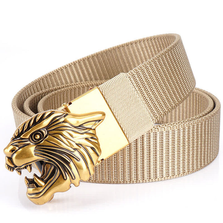 Men's Roaring Tiger Head Nylon Belt - Beige / Gold - 48" - image 13