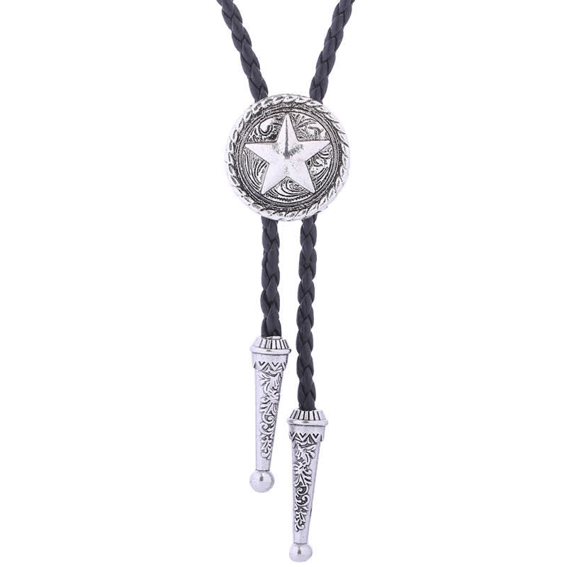 Five-Pointed Star Braided Leather Cord Bolo Tie - Antique Silver - image 7