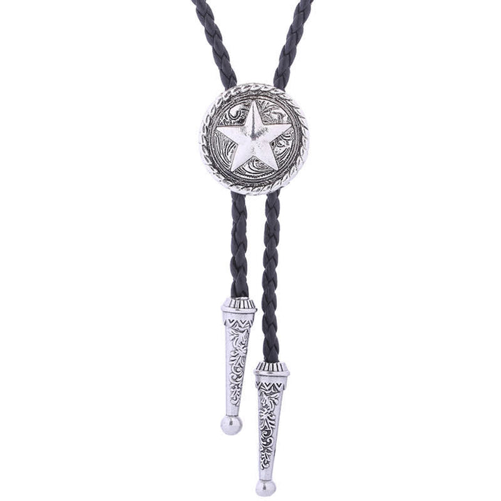 Five-Pointed Star Braided Leather Cord Bolo Tie - Antique Silver - image 7