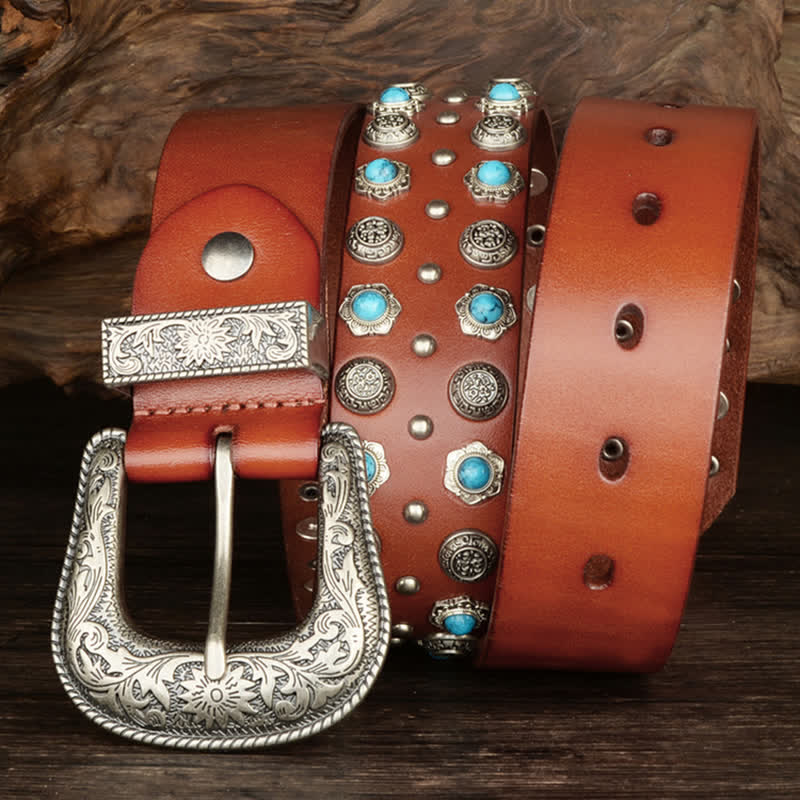 Unisex Luxurious Imitation Turquoise Accents Belt - Brown - 44 - image 4