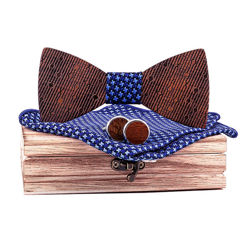 3Pcs Men's Hollow Leaves-shaped Wooden Bow Tie Set - Navy Stars - image 0